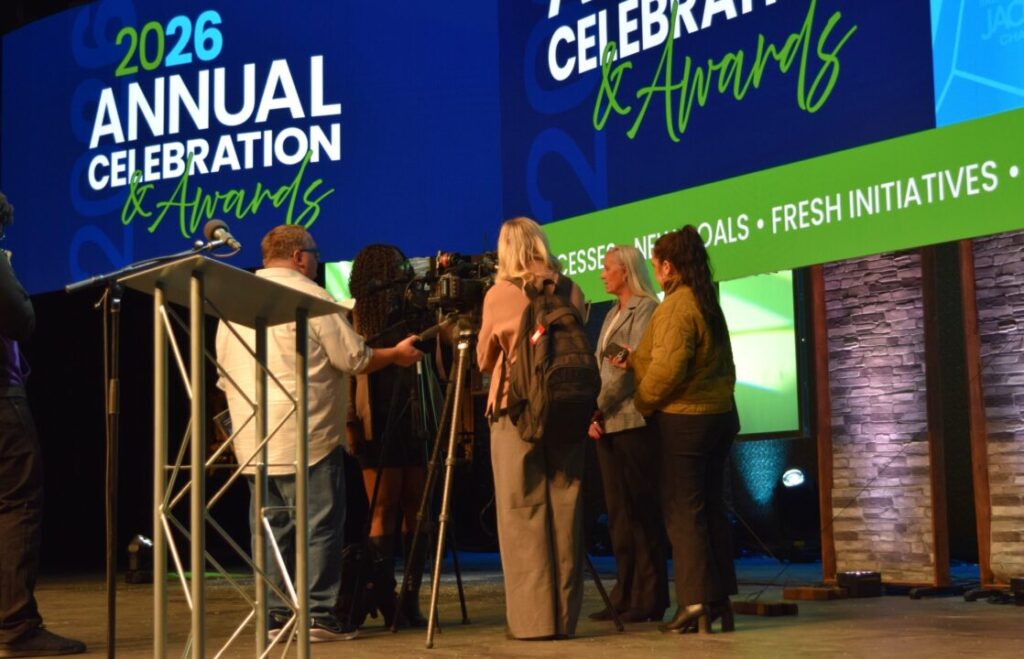 MHDS CEO Nora Buckley being interviewed by the news about the 2025 Non-Profit of the Year Award